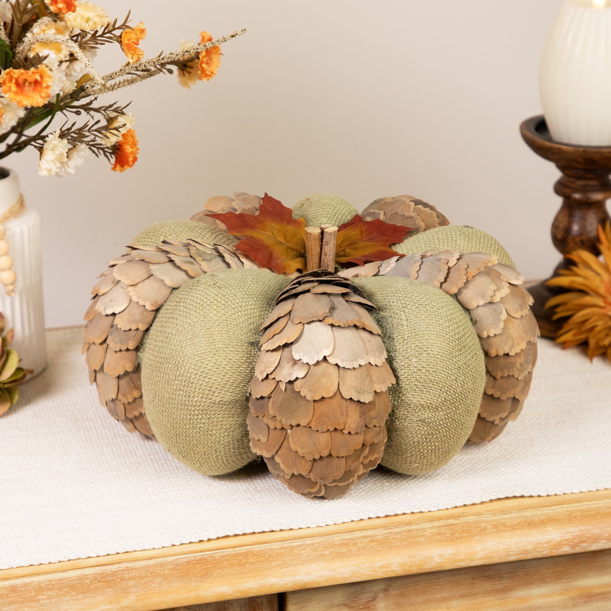10" Green and Brown Autumn Harvest Tabletop Pumpkin