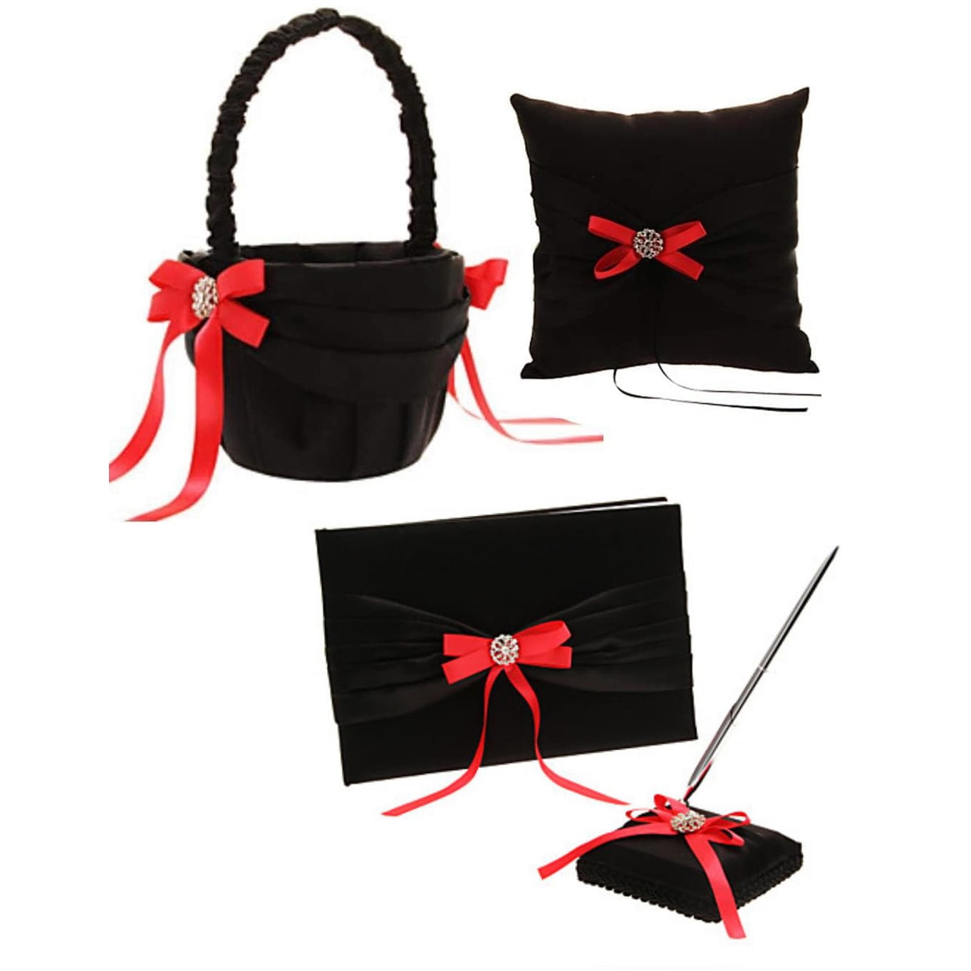 4Pcs Black Wedding Supplies Set Flower Girl Basket + Ring Bearer Pillow + Guest Book + Pen Set Holder for Bridal Wedding Shower Ceremony Anniversary Celebrations Party Decorations