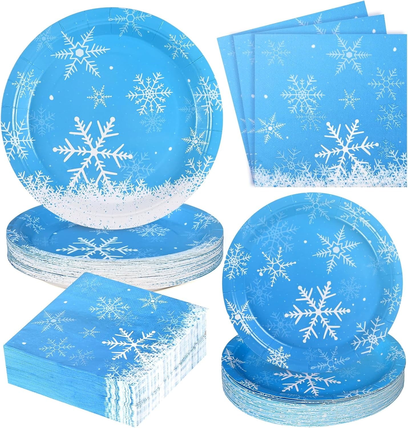 DAZLUTE 200 PCS Christmas Paper Plates and Napkins, Christmas Snowflake Blue Disposable Dinnerware Set for Christmas Party Supplies
