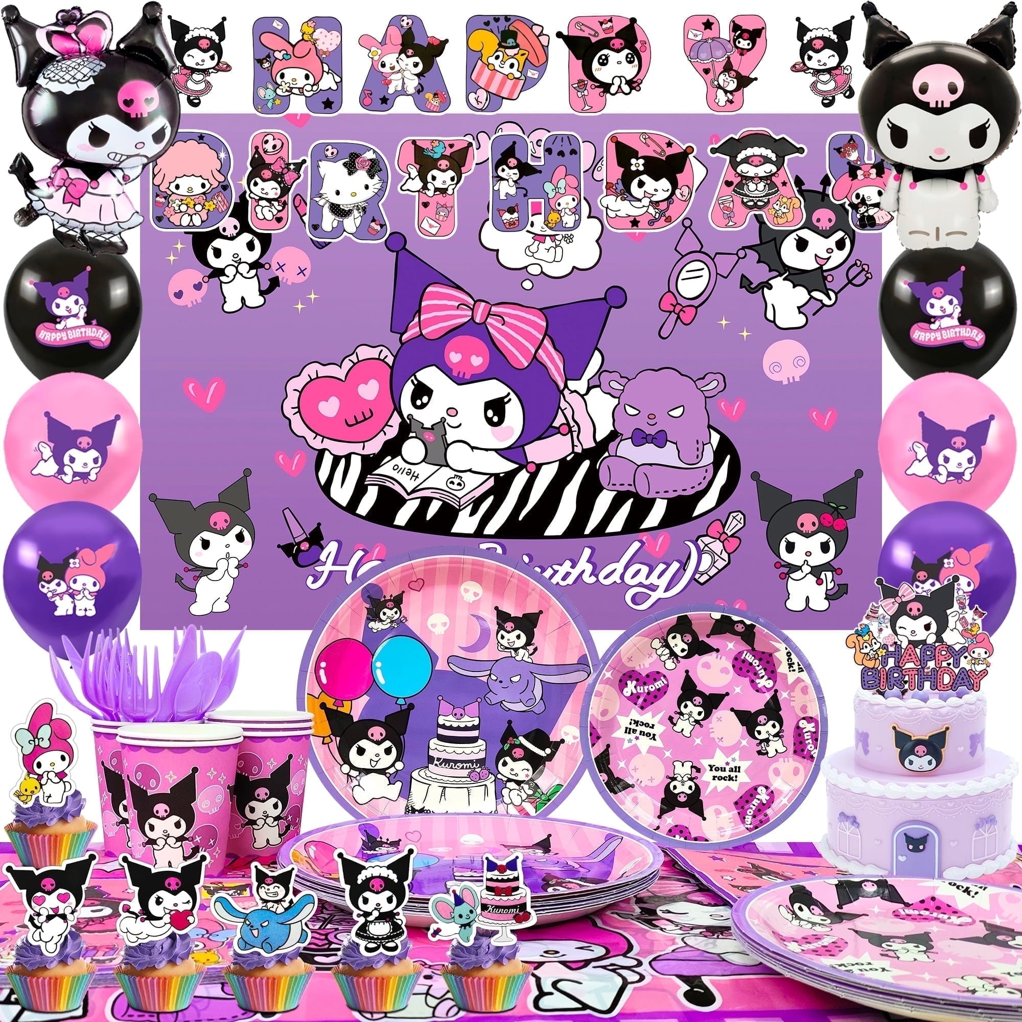 Kuromi Birthday Decorations Supplies,113 Pcs Kuromi Birthday Party Supplies Kit - Kuromi Birthday Plates Cups Napkins Tablecloth & Kuromi Balloons Banner etc Kuromi Party Decorations