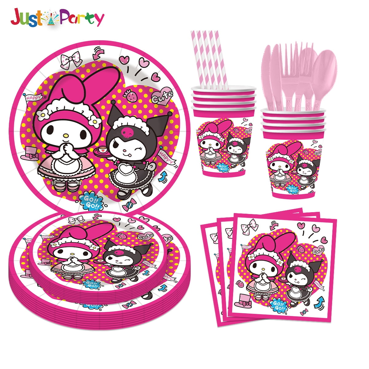 Kuromi-Melody 80/90 PCS Party Supplies, Party Tableware, Disposable Paper Plates- Napkins-Forks Dinnerware Set
