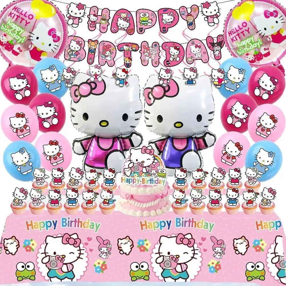 Pink Birthday Decorations Set, Pink Party Supplies Cartoon Theme with Banner, Balloons, Tablecloth, Cake Toppers for Kids Cartoon Theme Party