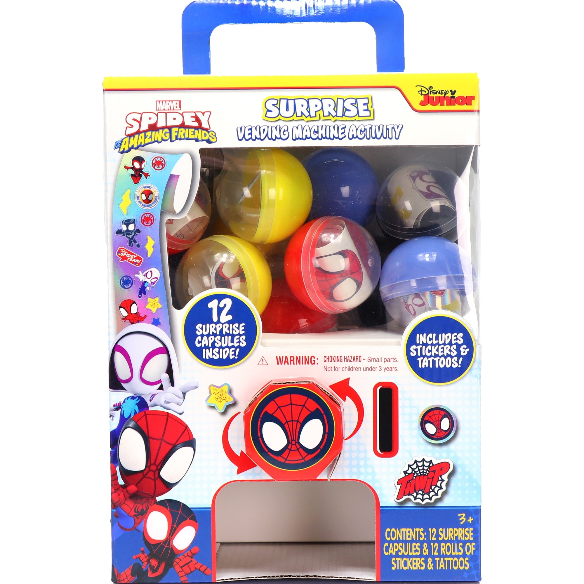 Tara Toy: Surprise Vending Machine: Spidey & His Amazing Friends - 12 Capsules, Sticker & Tattoo Rolls, Puffy & Metallic, Glow-In-The Dark, Kids 3+