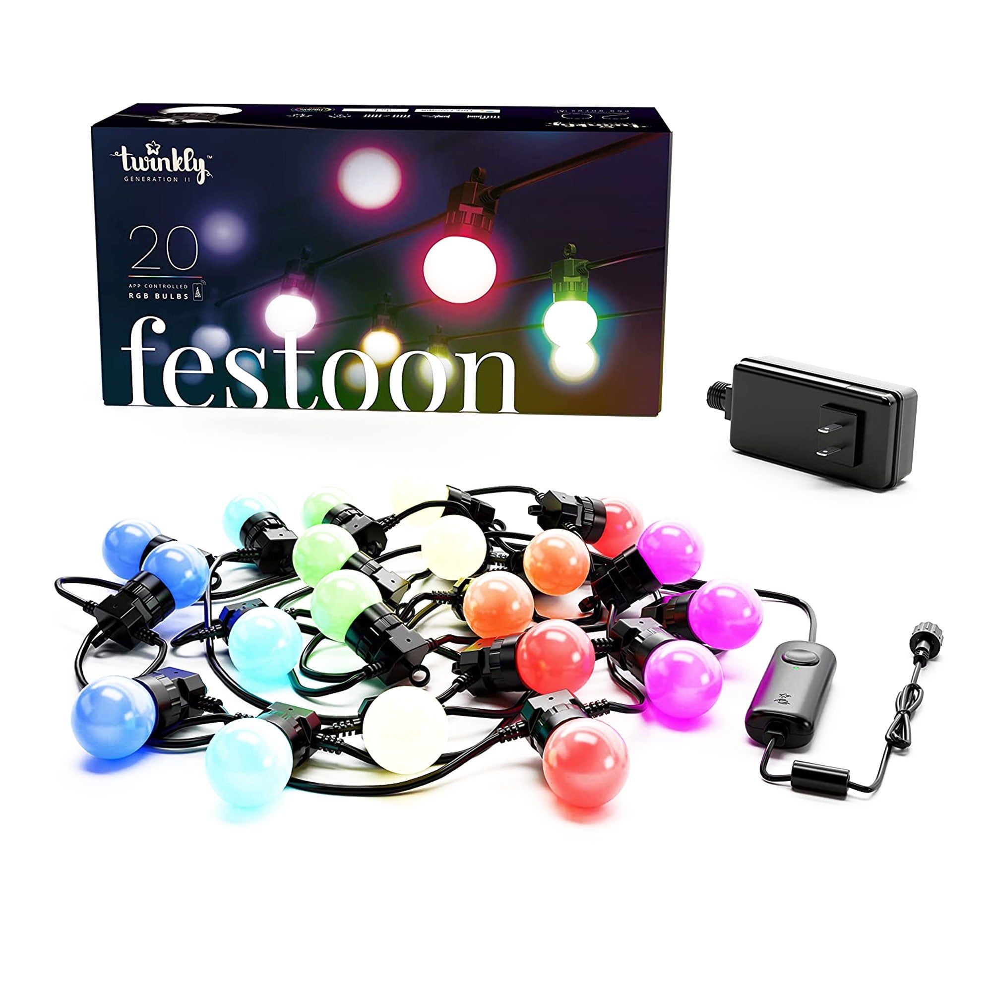 Twinkly Festoon App-Controlled Smart LED 20 Multicolor RGB Bulb Light String