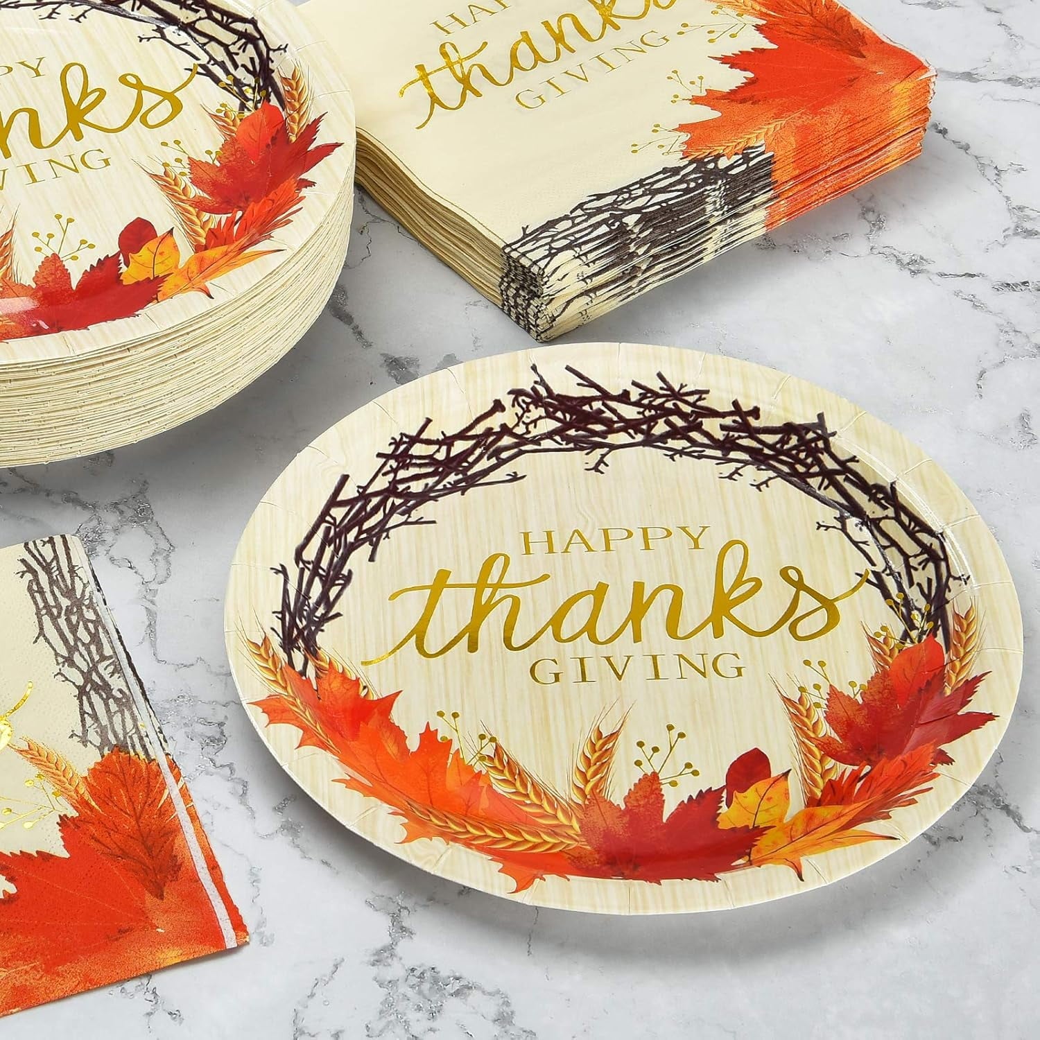 Caltero 200 PCS Thanksgiving Plates and Napkins Serves 50 Guests, Maple Leaves Disposable Dinnerware Set for Fall Holiday Thanksgiving Party Supplies