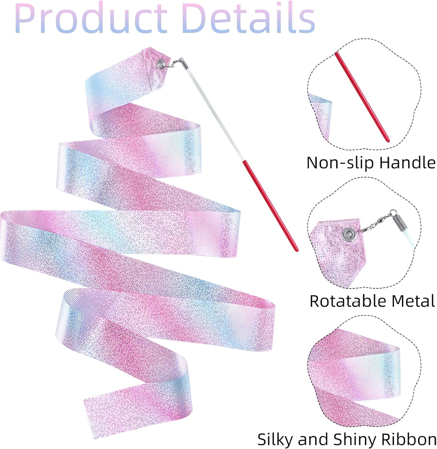 2 Pcs Dance Ribbons,Gymnastics Ribbon 78.7 Inch Twirling Dancing Ribbons Sparkly Dance Ribbon Birthday Party Decorations,Suitable for Girls Children Adults Ballet(Sparkling Stars and Gradient Colors)