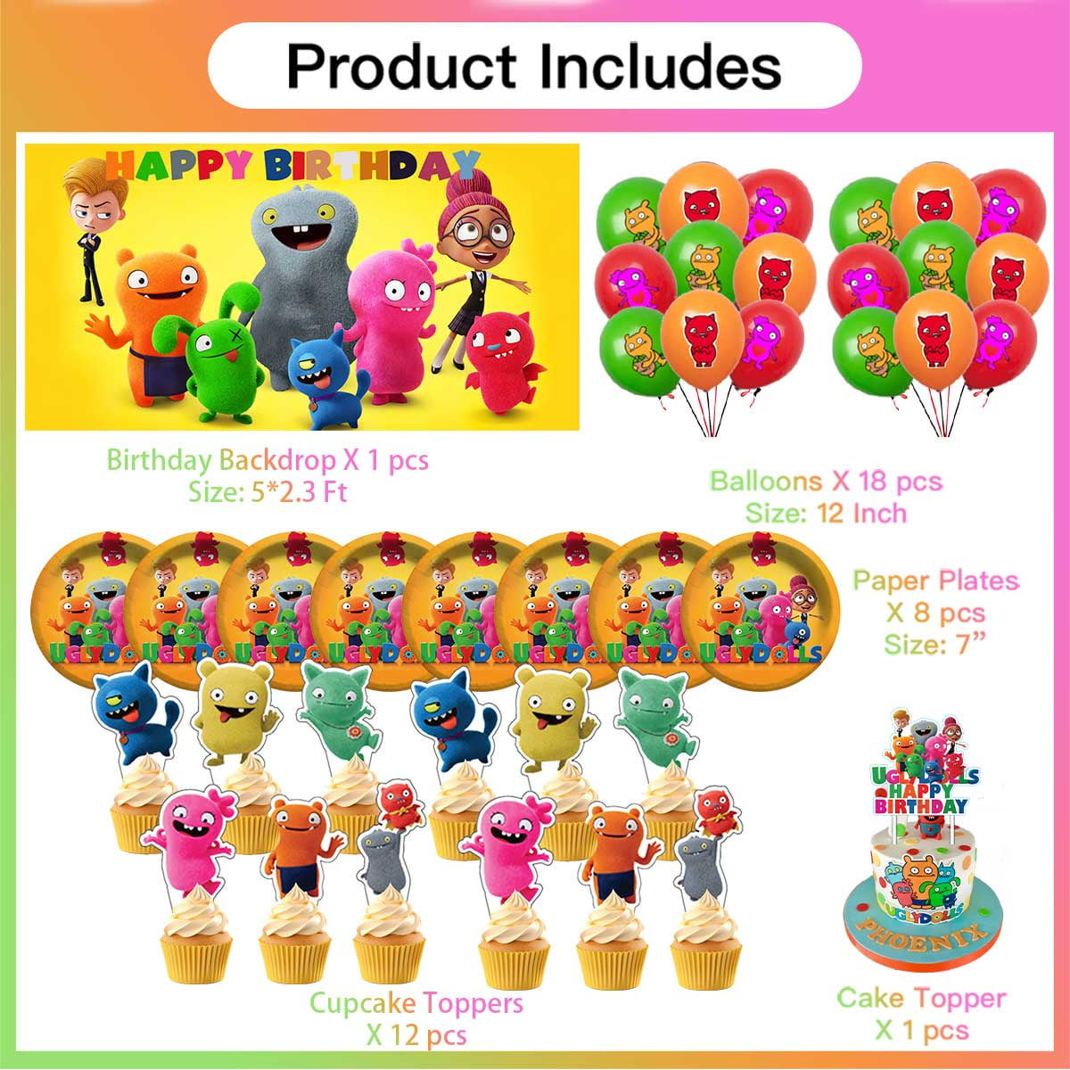 Ugly Doll Balloons Plates Party Supplies Decoration Birthday Cake Topper Decor Banner Backdrop Tableware