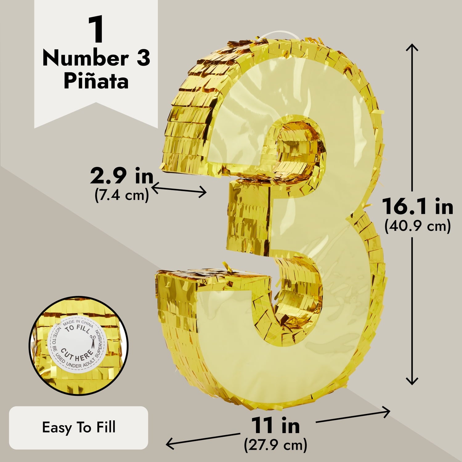 Juvale Gold Foil Number 3 Pinata for Kids Ages 3-14 Birthday Party Decorations, Centerpieces, Anniversary Celebrations, Small (11.1 x 2.9 x 16.1 In)