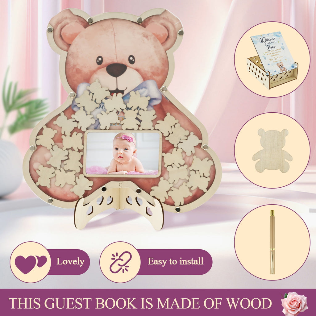 Baby Shower Guest Book Solid Practical Wood Slices Guest Book with Photo Frame Cute Baby Shower Sign in Guestbook Reliable Reusable Guestbook Signature Book for Party