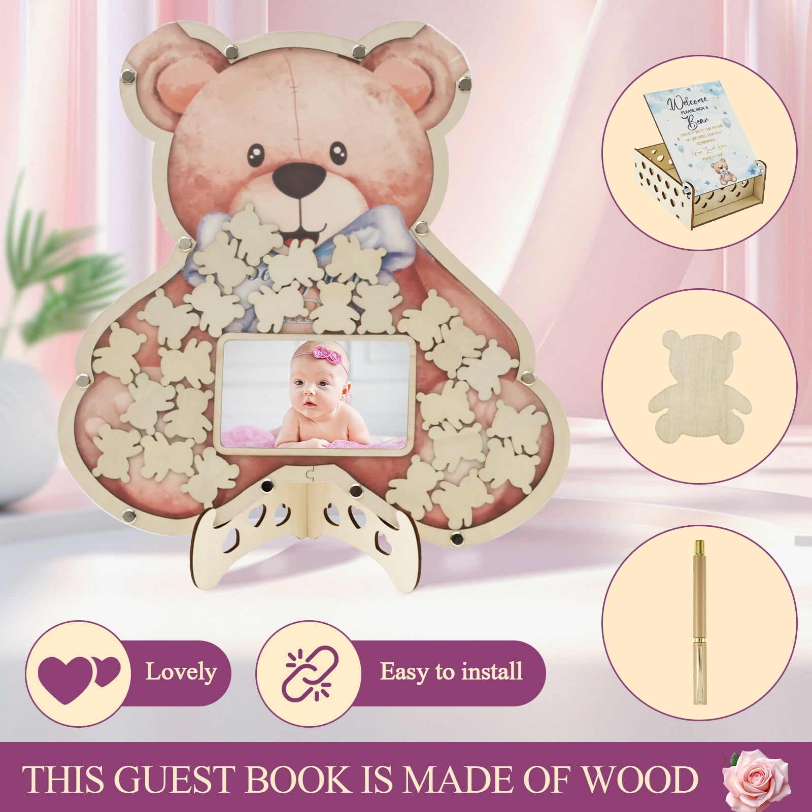 Baby Shower Guest Book Solid Practical Wood Slices Guest Book with Photo Frame Cute Baby Shower Sign in Guestbook Reliable Reusable Guestbook Signature Book for Party
