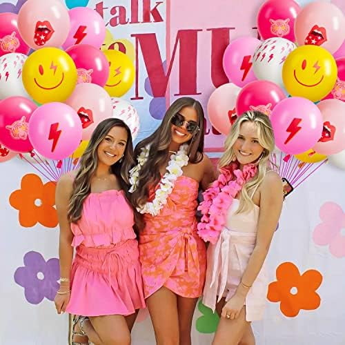 50Pcs Preppy Y2k Hot Pink Party Balloons Smile Face Lightning 12inch Latex Balloon with Ribbon Retro Decoration Supplies for Teen Girls Birthday Bachelorette Early 2000s Theme Party
