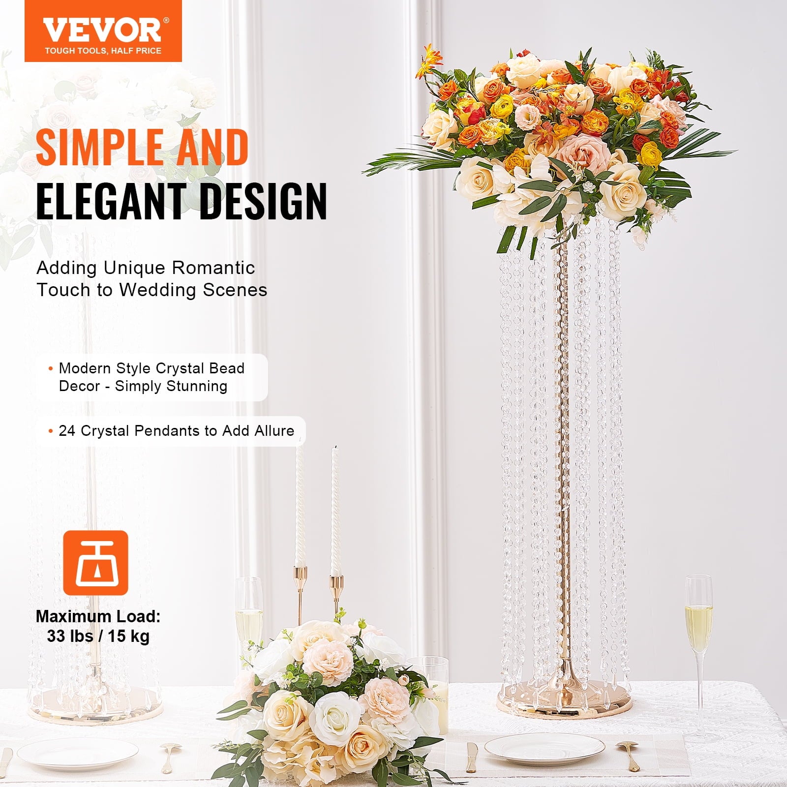 KFFKFF Crystal Wedding Flowers Stand Luxurious Centerpieces 2PCS 35.43inch Tall