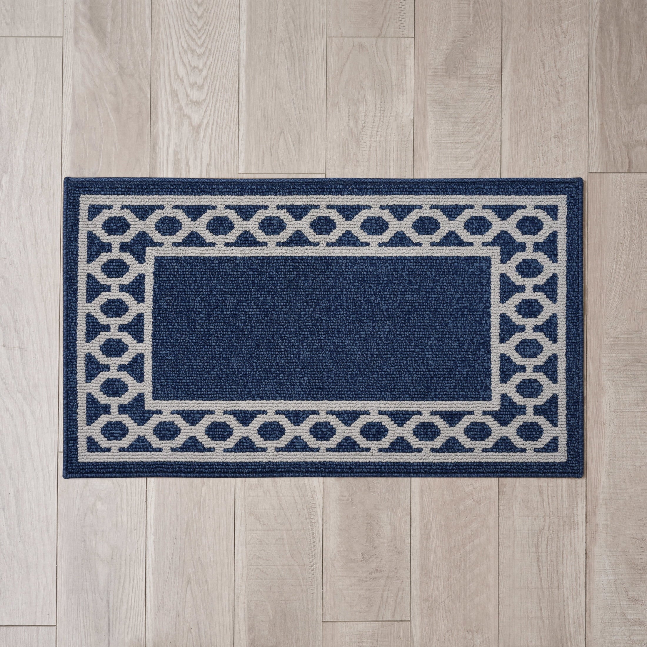Washable Skid-Resistant Runner Rug, Trellis Border , Denim Twist and Light Grey , 26" x 45"