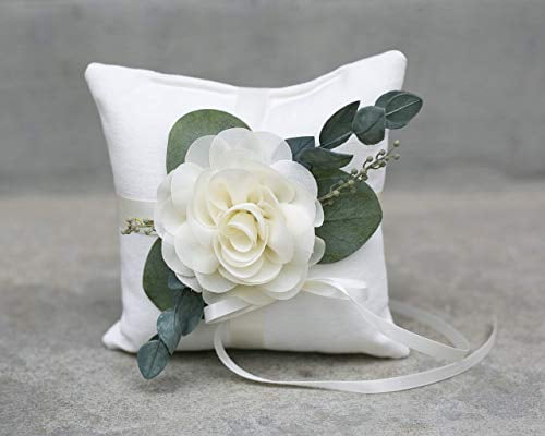 Ring Bearer Pillow - Ivory Linen-look Ring Bearer Pillow - Wedding Ring Pillow - Modern Ring Bearer Cushion with Eucalyptus Greenery by