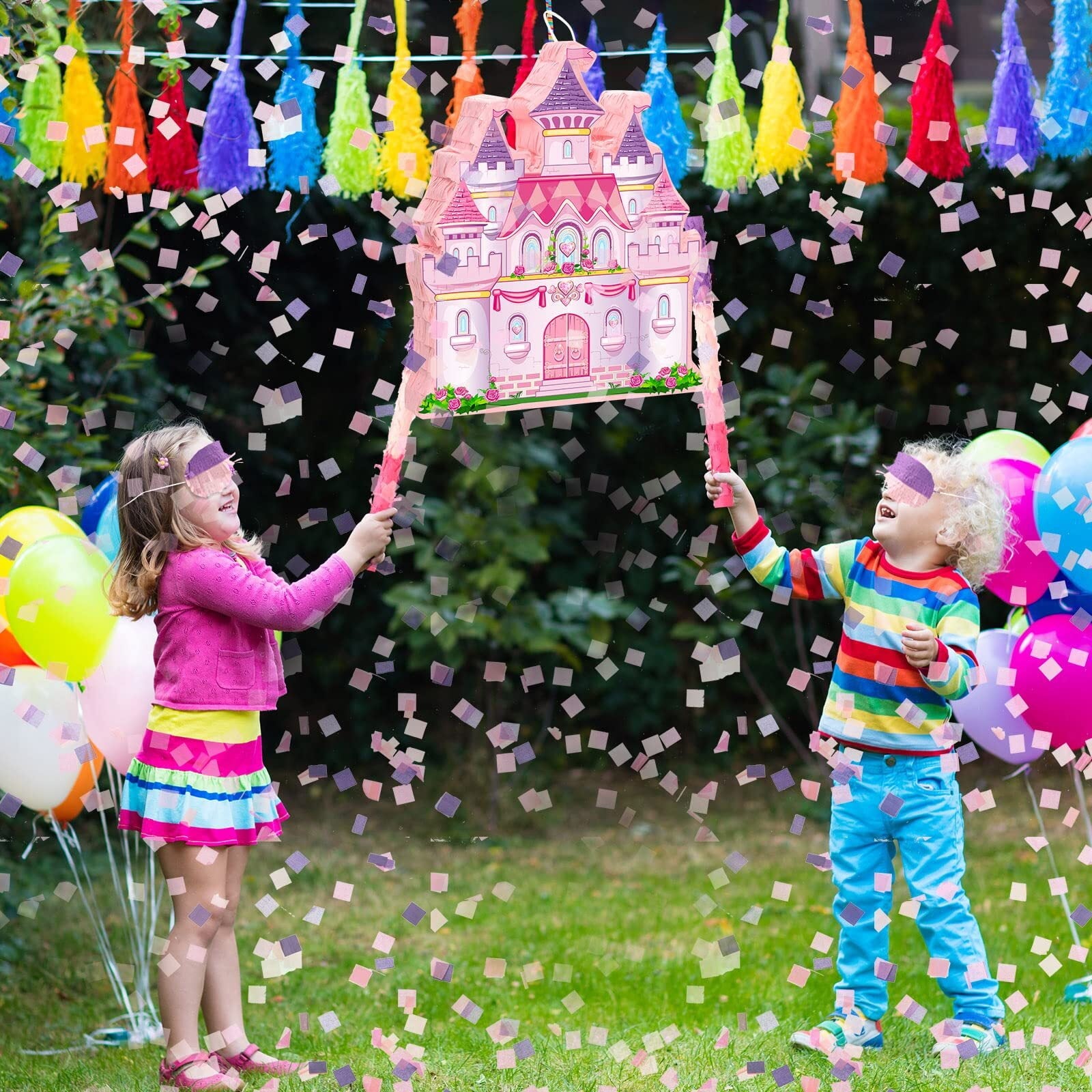 JUGAAD LIFE Princess Castle Pinata Party Supplies Pinata Bundle with Blindfold, Bat and Colorful Confetti for Girls Boys Kids Birthday Party Toys Game Decorations