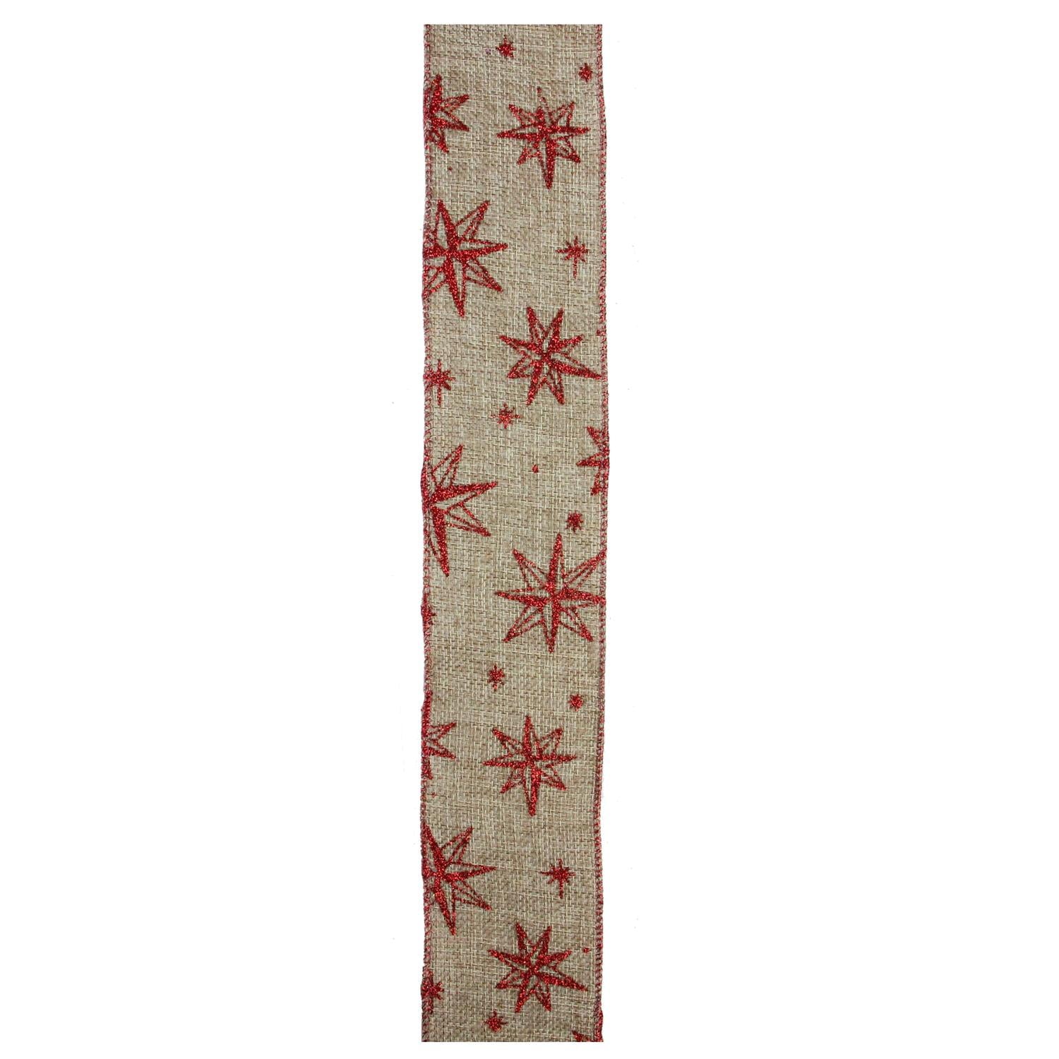 Star & Beige Burlap Wired Christmas Craft Ribbon