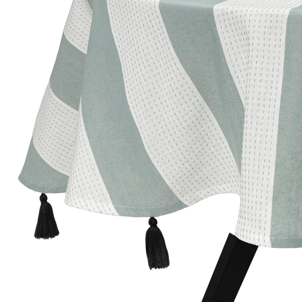 (4 pack) Thyme & Table 70" Round Tablecloth, Green and White with Black Tassels