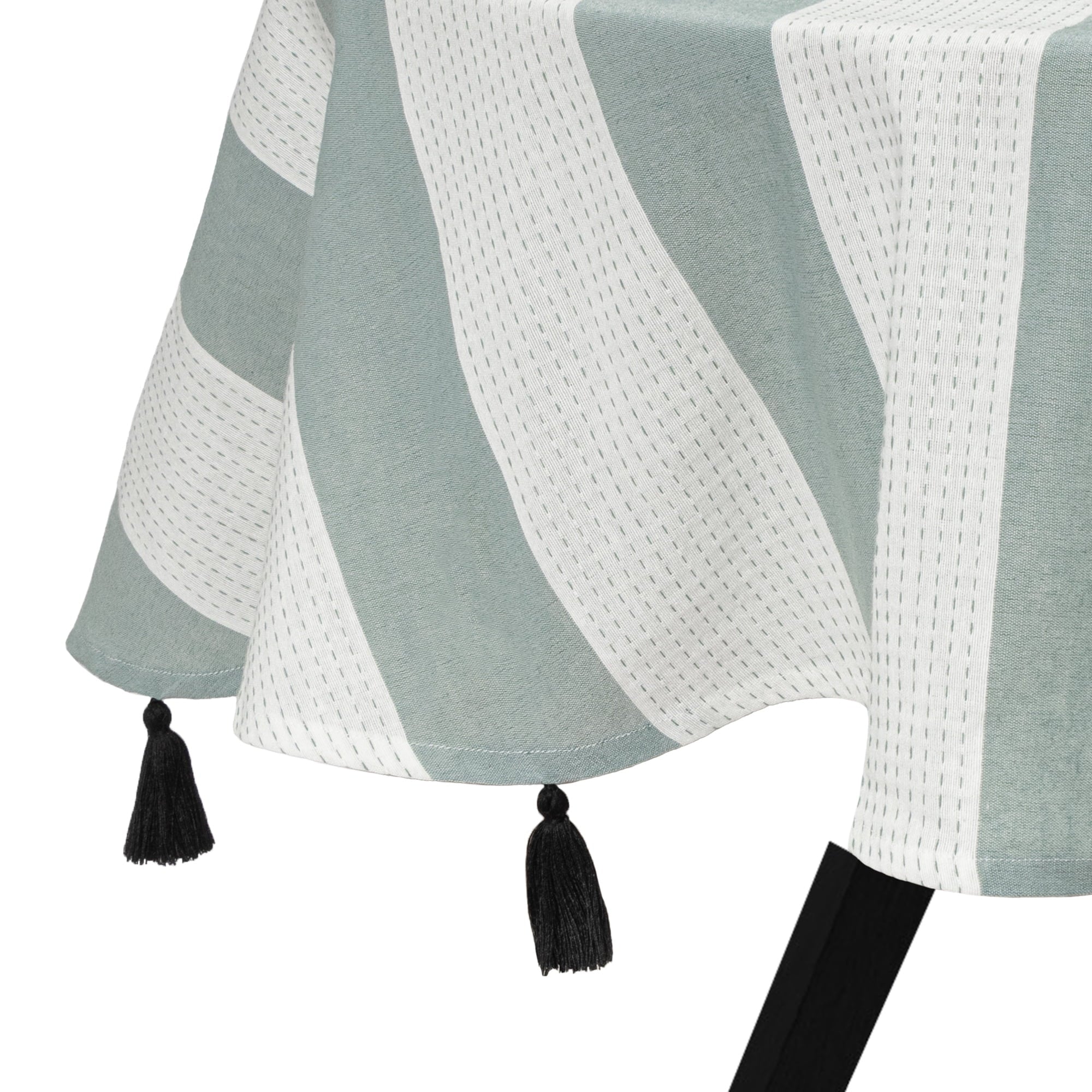 (4 pack) Thyme & Table 70" Round Tablecloth, Green and White with Black Tassels