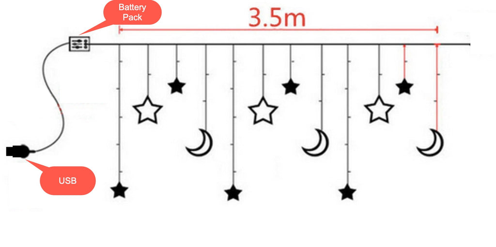 Ramadan Decor 138 LED Curtain Light Moon Star Birthday Office Restaurant decor LED Curtain Style Fairy Lights with USB  Battery and Remote Control 12 Legs of Moon/Star (LED) ~6ft wide