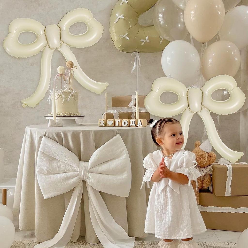 Bow Themed Party Decorations 4 Pack, Large 30x28 Inch Cream Foil Balloons with Ribbon for s Women Birthday Wedding Shower, Beige