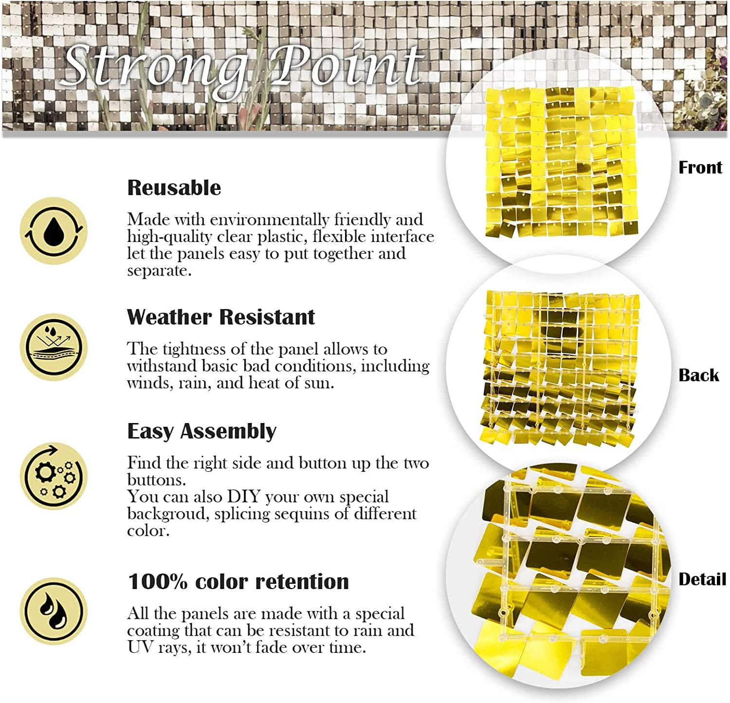 Wall Backdrop with 24 Pcs Gold Square Sequin Panels for Decor of Birthday, Wedding, Party, Graduation and Anniversary