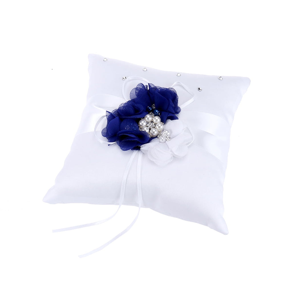 WORGEOUS 3pcs 20*20cm Embellished Wedding Ring Pillow Cushion Pearl Flower Decorated Ring Bearer Pillow (Blue & White Flower)