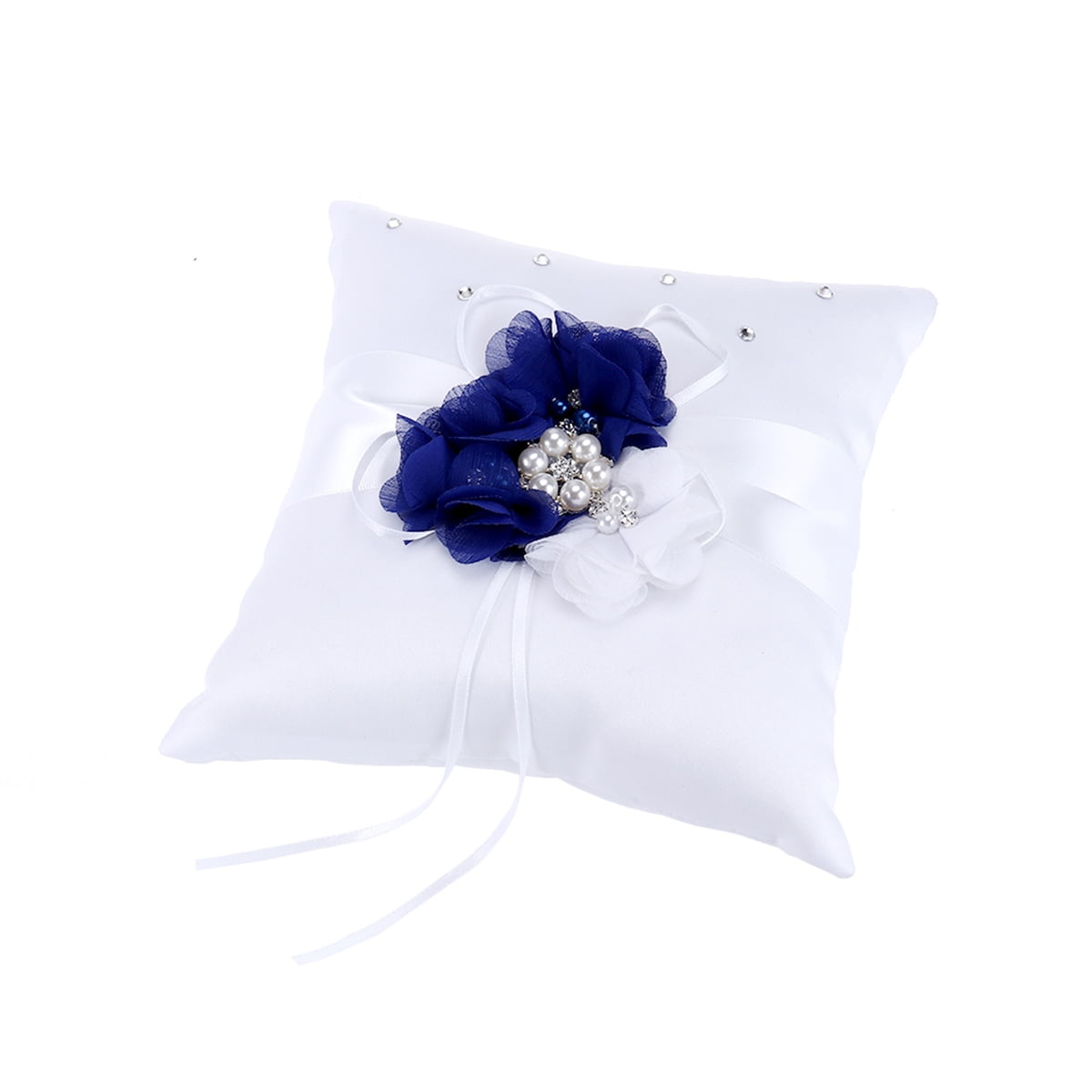 WORGEOUS 3pcs 20*20cm Embellished Wedding Ring Pillow Cushion Pearl Flower Decorated Ring Bearer Pillow (Blue & White Flower)