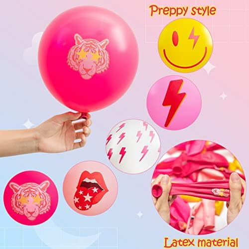 50Pcs Preppy Y2k Hot Pink Party Balloons Smile Face Lightning 12inch Latex Balloon with Ribbon Retro Decoration Supplies for Teen Girls Birthday Bachelorette Early 2000s Theme Party