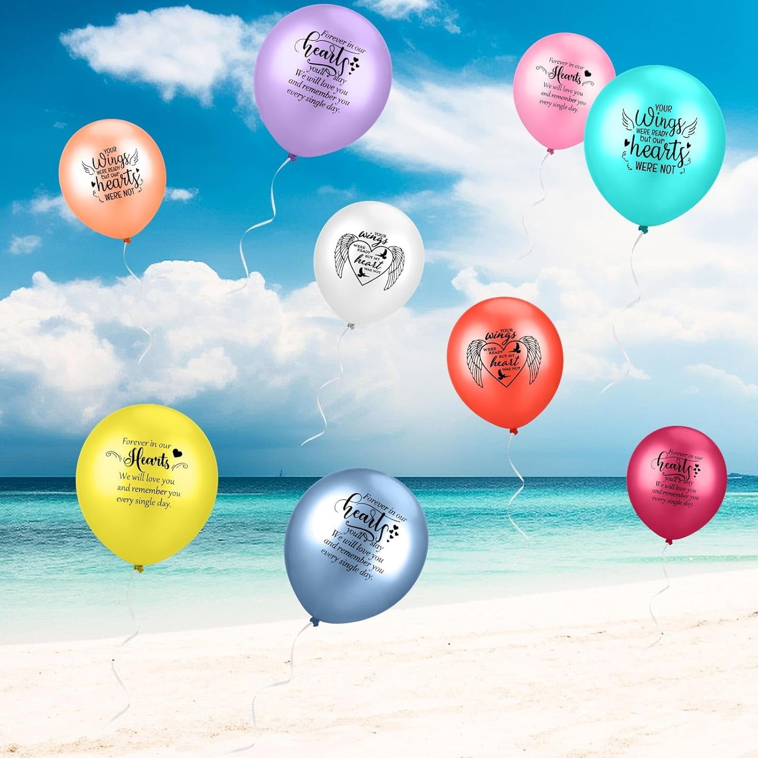 72 Pieces Memorial Balloons Colored Funeral Balloon Memory Balloons to Release in Sky Remembrance Personalized Balloons for Loss Beloved One with 2 Rolls Ribbon for Memorial Decorations