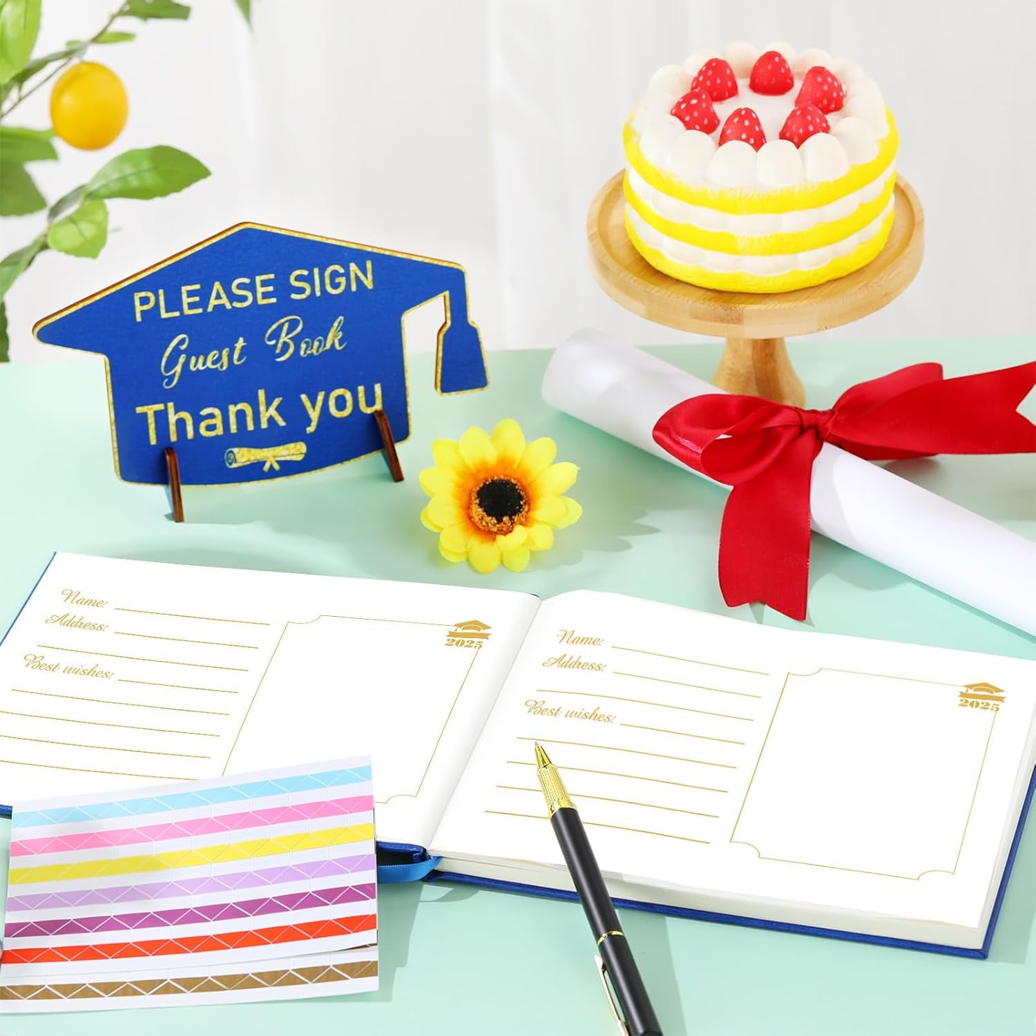 Leather Graduation Guest Book with Grad Stand and Signature Pen Guest Sign in Book 2025 Grad Memory Registry Guestbook for College High School Graduation Party Gifts Supplies(Black Gold)