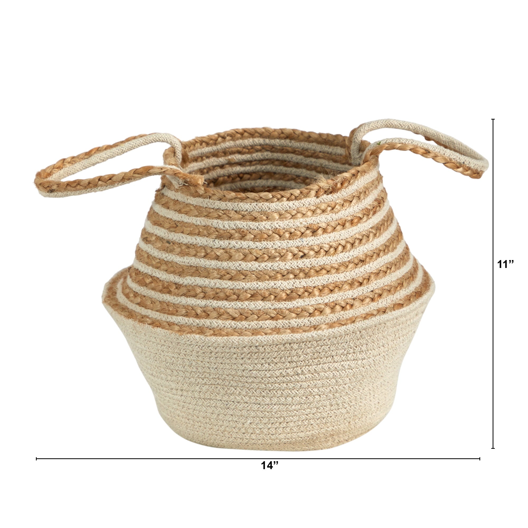 Nearly Natural 14" Boho Chic Belly Basket Natural Jute and Cotton Basket Planter, Cream Cotton Bottom Natural Top with Handles