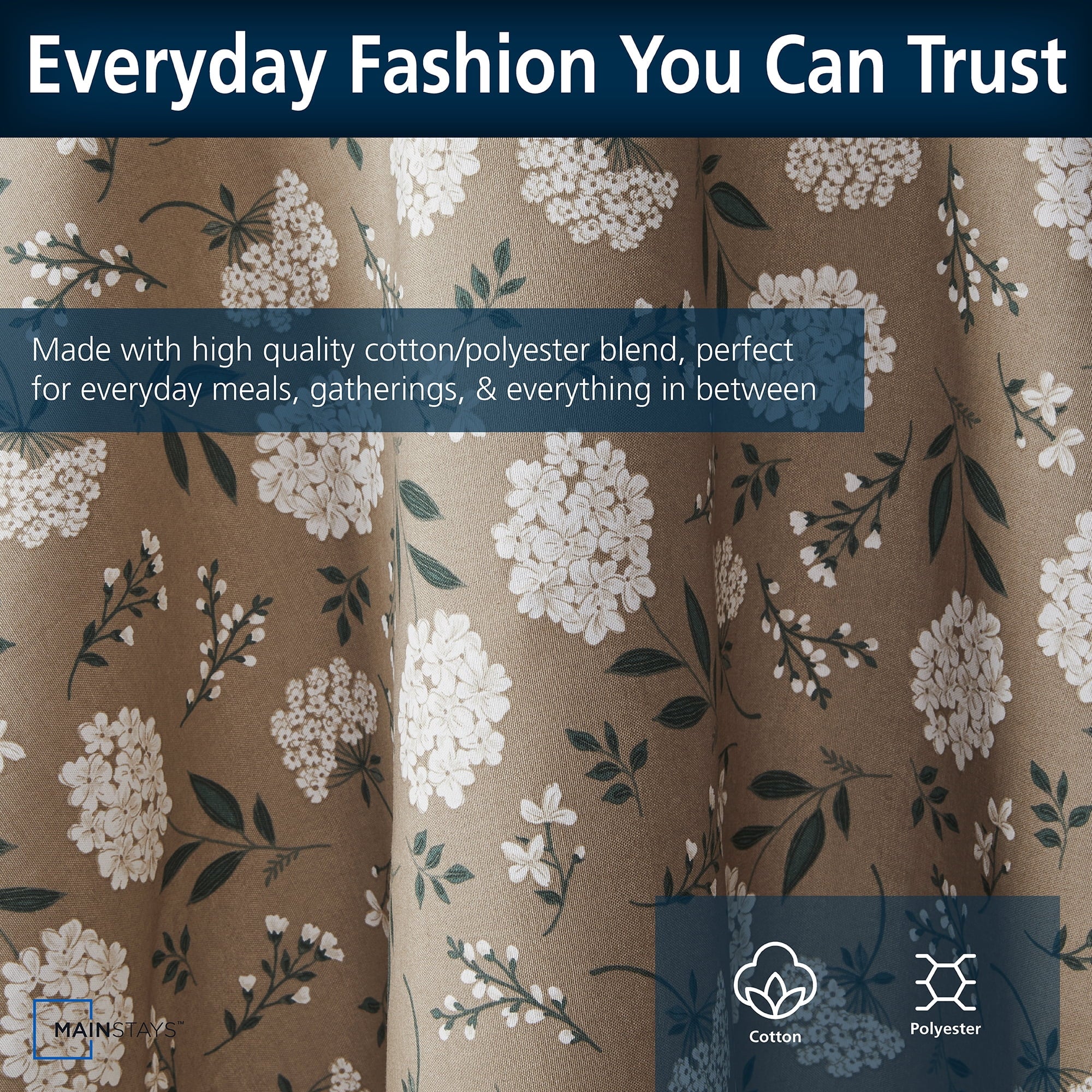 (3 pack) Mainstays Farmhouse Tablecloth Summer Floral Brown Fabric, 70" Round, Hydrangea