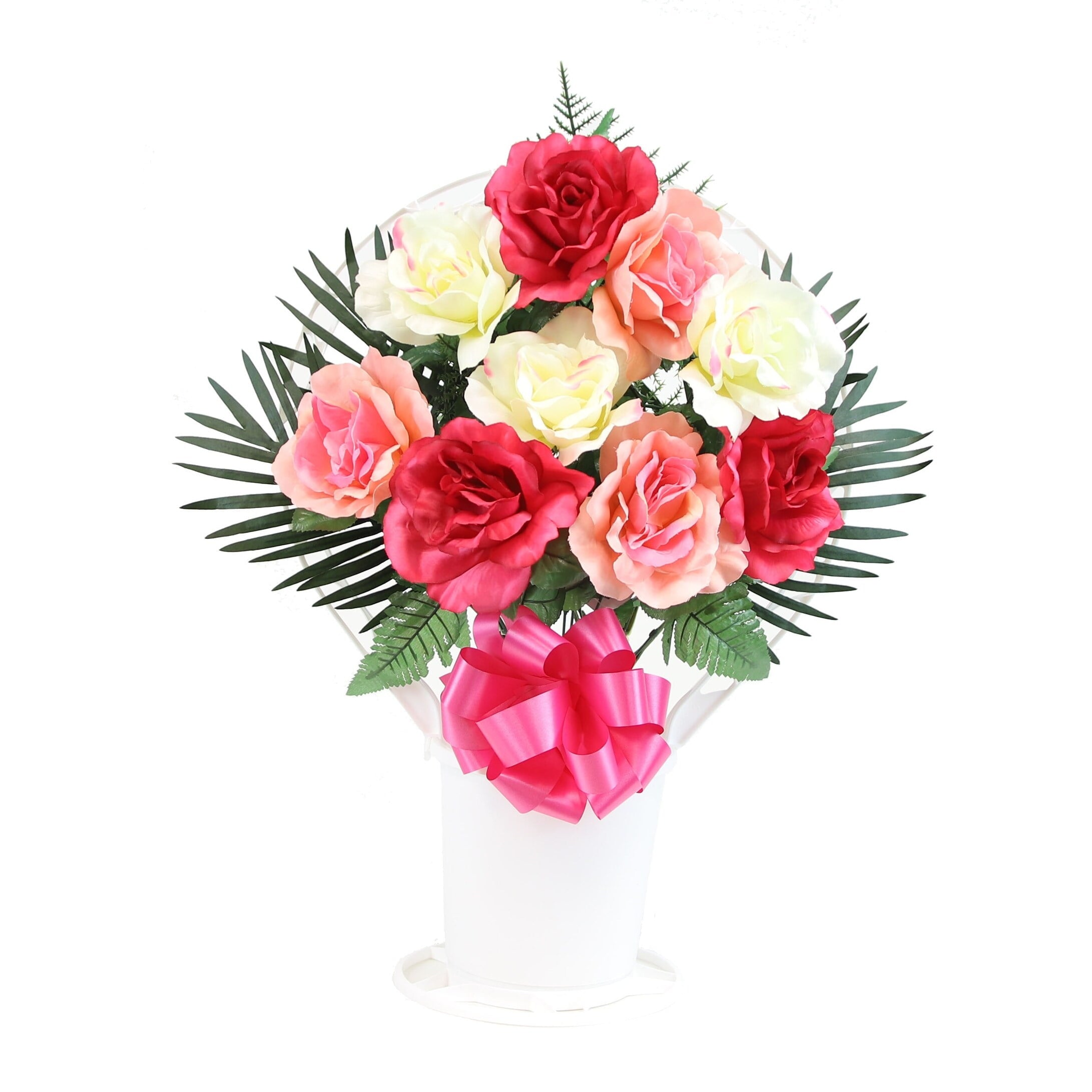 Memorial Large Rose Arrangement in Large, White Cemetery Hoop Basket with Handle - N/A Yellow, Red, White
