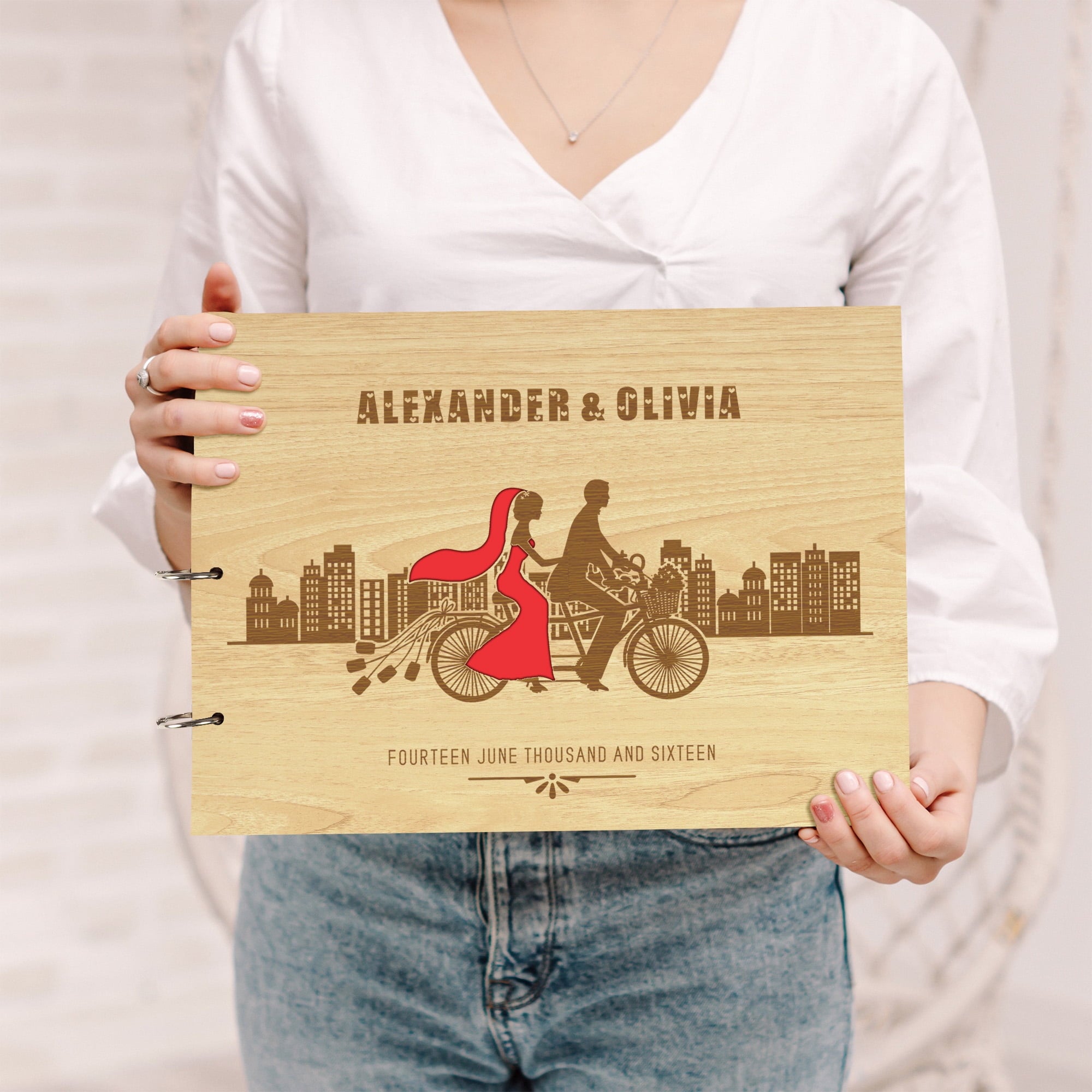 Darling Souvenir Personalized Engraved Laser Cut Wedding Guest Book Wooden Cover Sign-in Book Registry Guestbook Scrapbook-9J