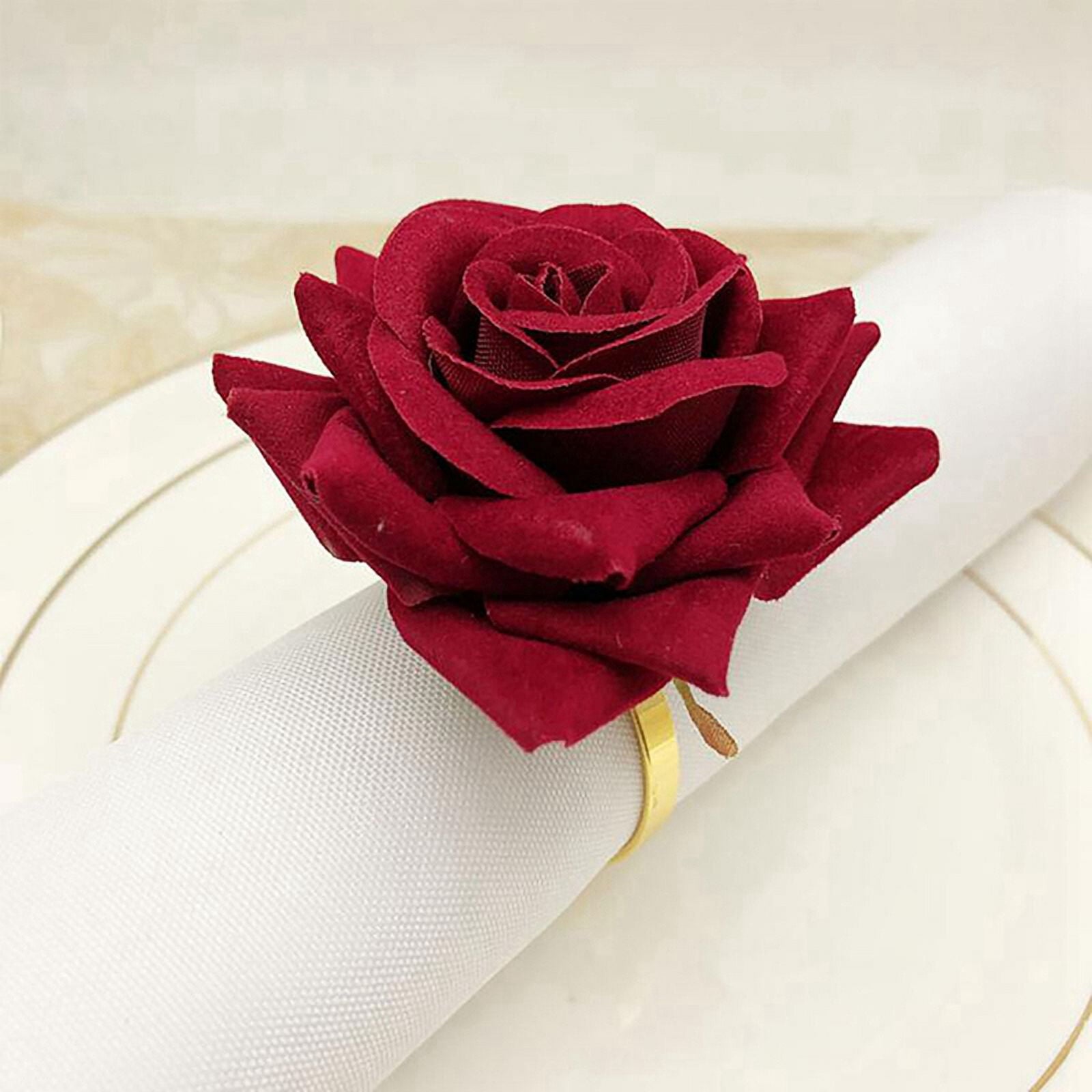 48 PCS Red Rose Shape Towel Buckle Napkin Ring Wedding 's Day Hotel Table Decor Metal Gold Napkin Holder