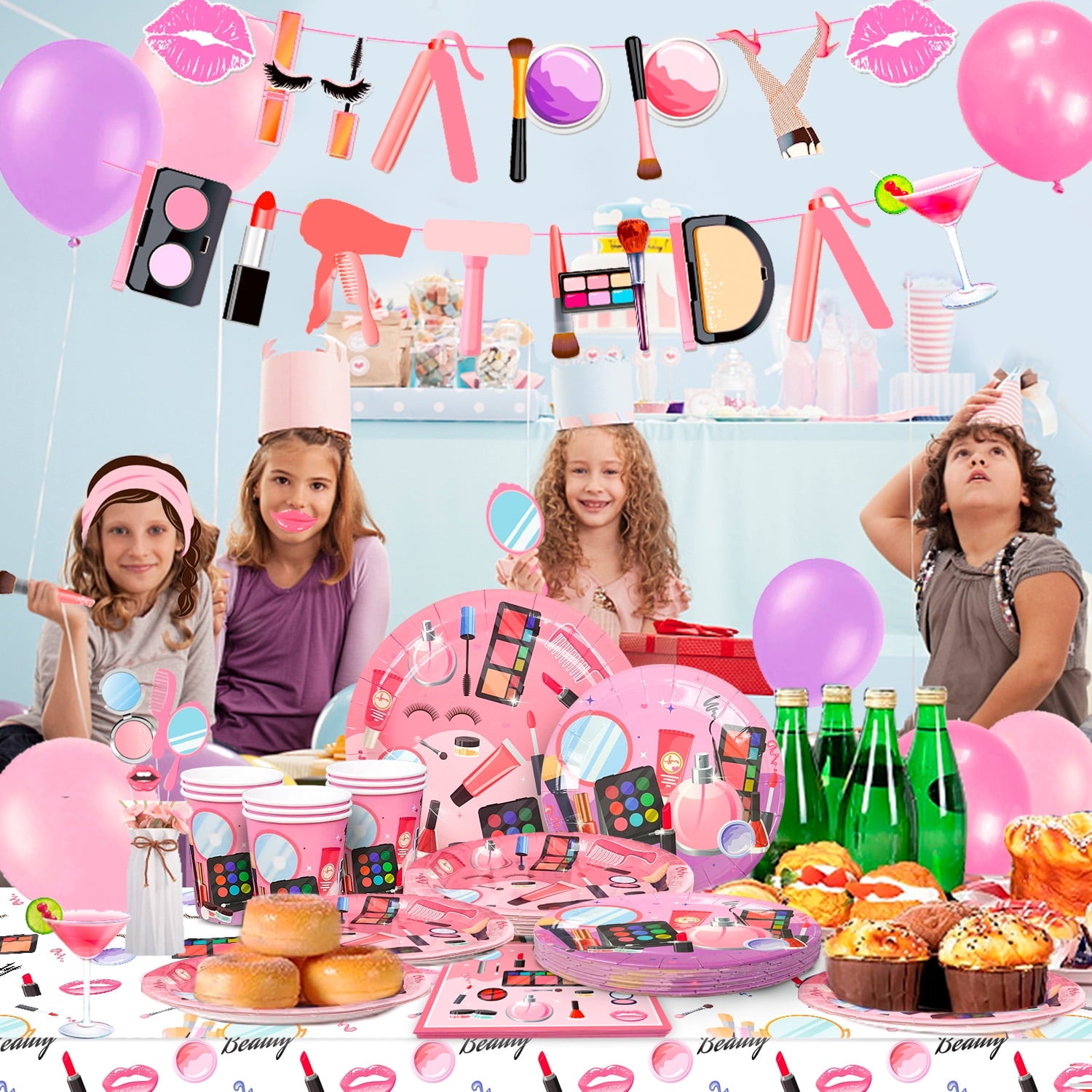 Makeup Birthday Party Supplies,Spa Party Decorations Set-Makeup Theme Party Decoration Plates Cups Napkins Banner Balloon Photo Booth Props etc Makeup Birthday Party Decorations for Girls Women
