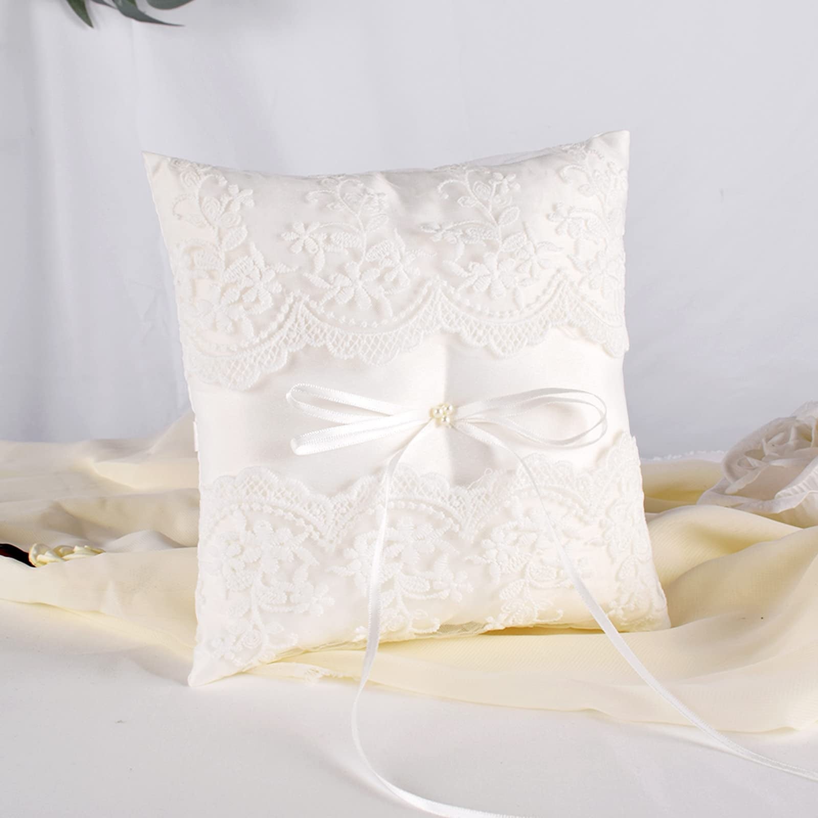 Lace Pearl Wedding Ring Pillow, Ivory Ring Bearer Cushion for Bride Groom Ceremony, Matte Satin with Back Holder Ribbon, White