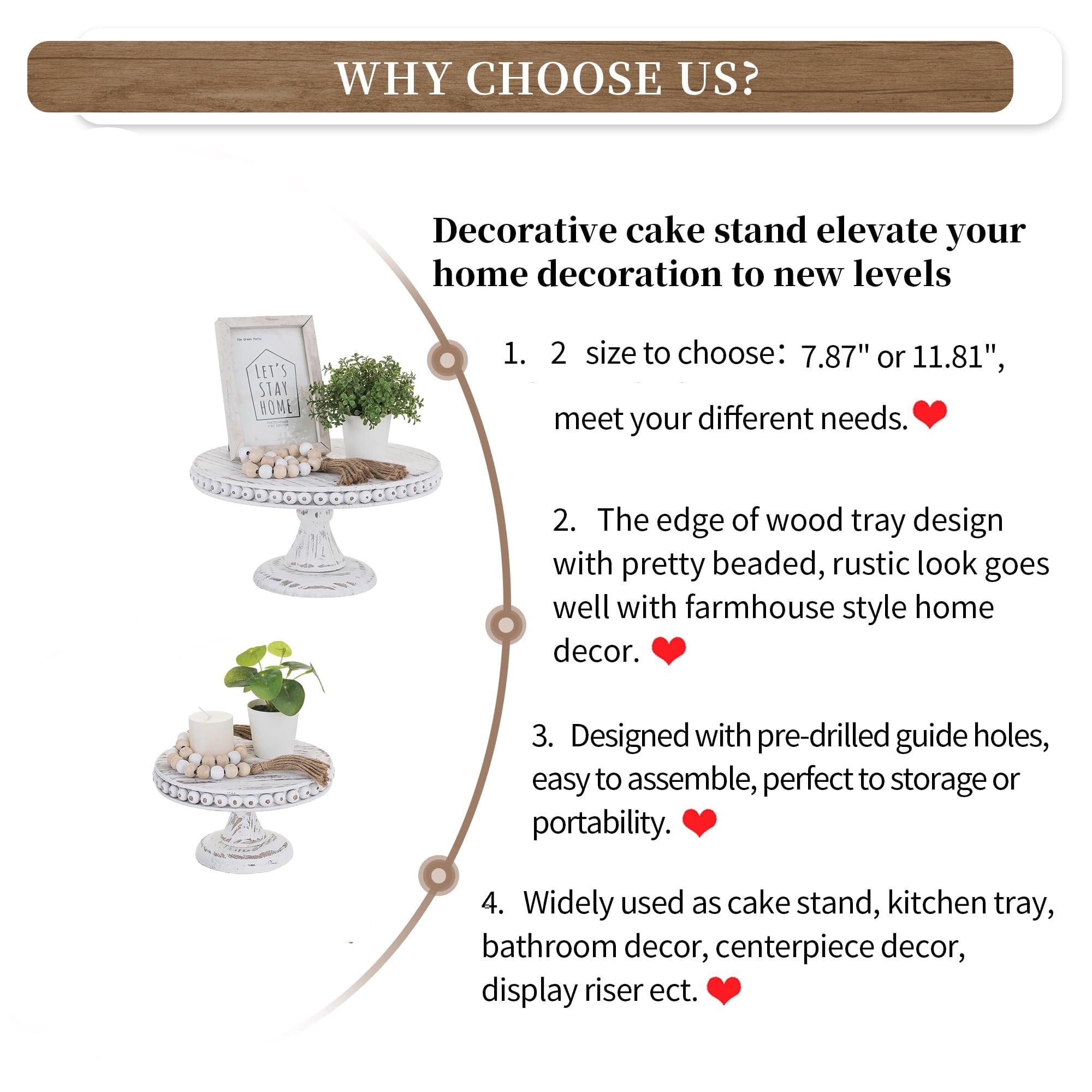 Hanobe Rustic Cake Stand 11.8 Inch Wood Dessert Display Riser Vintage Beads Cake Stand for Wedding Reception Decoration