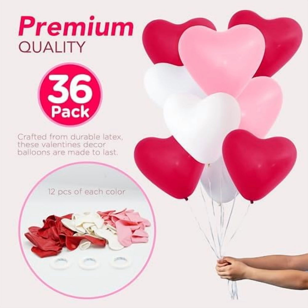 36 Pack Latex Heart Shaped Balloons 10 inch With Ribbon - Pink White Red Heart Balloons, Valentines Day Balloons, for Marriage Proposal & Valentines Day Decorations & Wedding Party