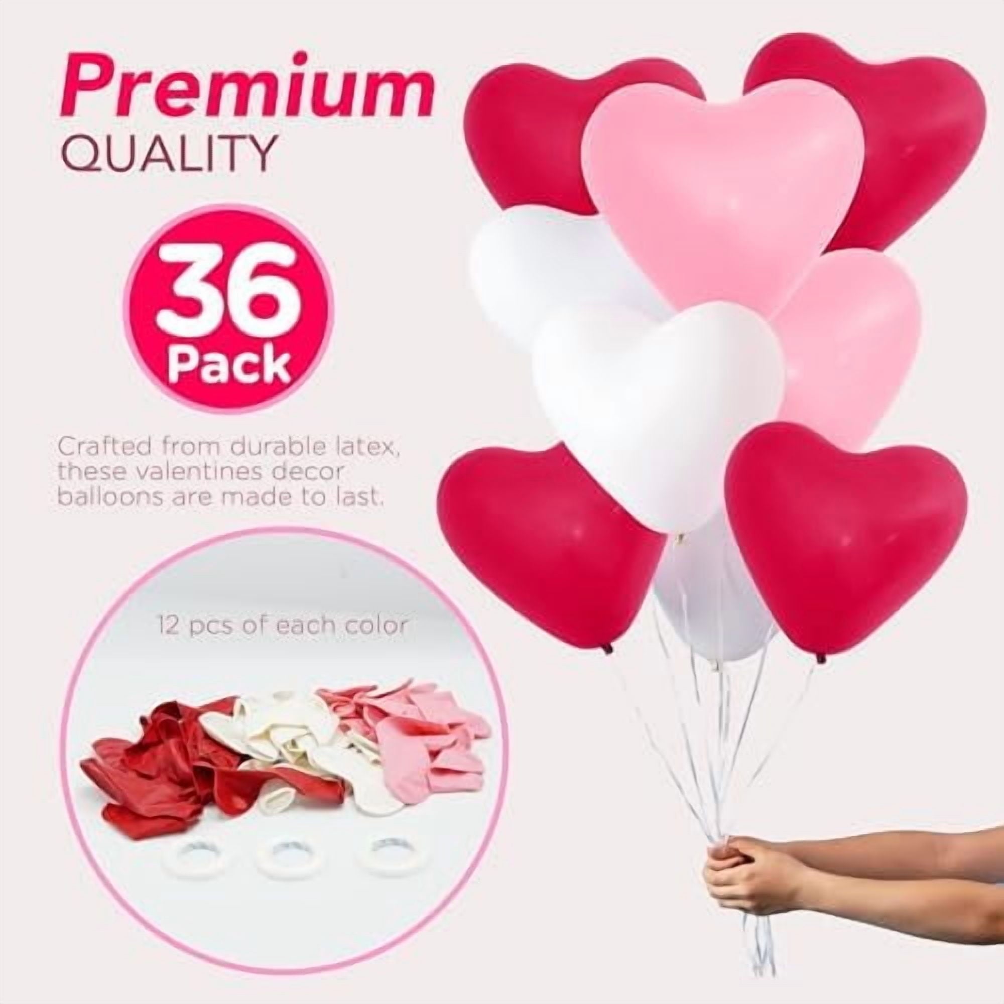 36 Pack Latex Heart Shaped Balloons 10 inch With Ribbon - Pink White Red Heart Balloons, Valentines Day Balloons, for Marriage Proposal & Valentines Day Decorations & Wedding Party