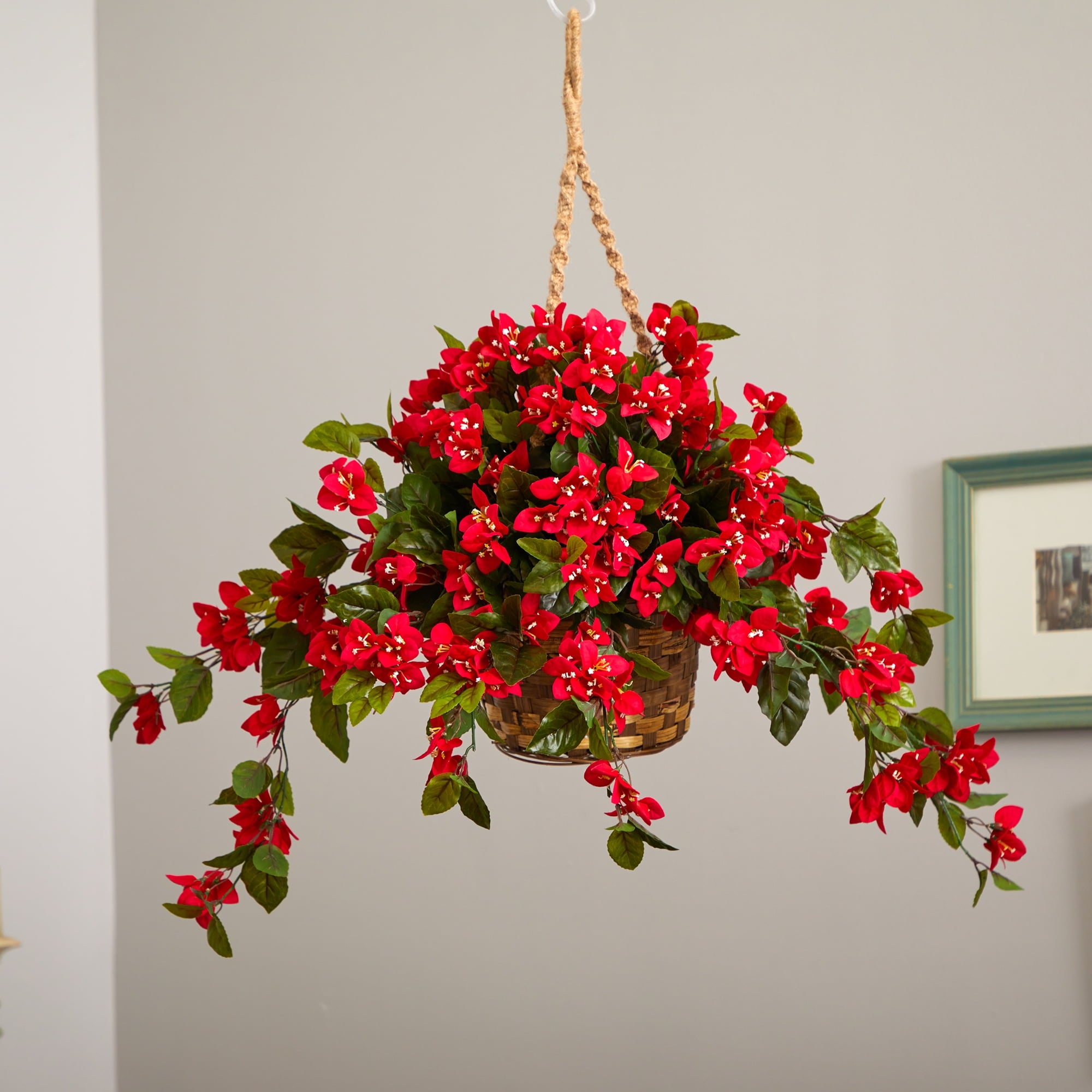 Nearly Natural Red 28"H Bougainvillea Hanging Basket UV Artificial Plant Resistant (Indoor/Outdoor)
