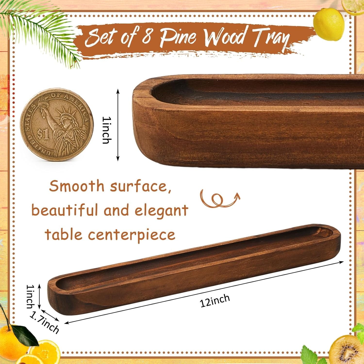 8 Set Small Wooden Dough Bowls 12 x 1.8 x 1 Inch Rustic Wood Long Tray Decorative Long Wooden Bowl Accessories Wood Bowl Decor for Home Table Centerpiece Display Decoration