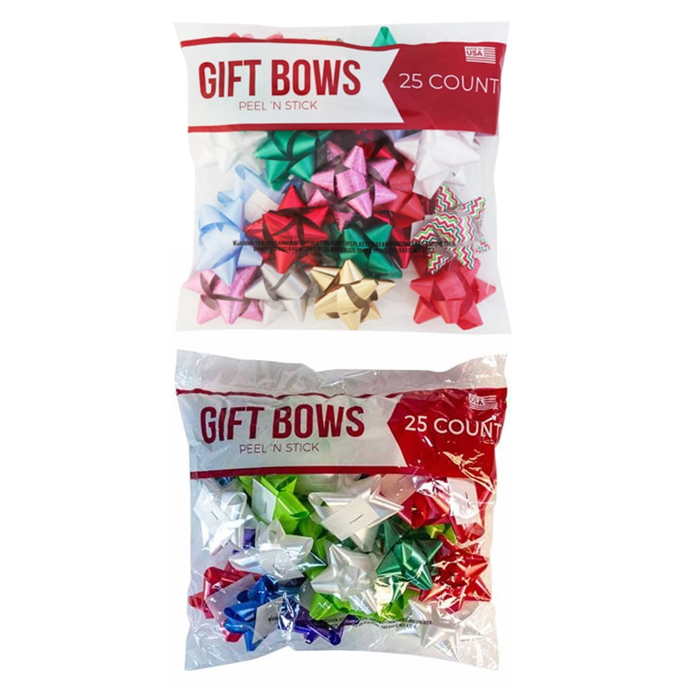 50 Pc Christmas Gift Bows Peel Stick Decor Box Present Ribbon Holiday Assorted