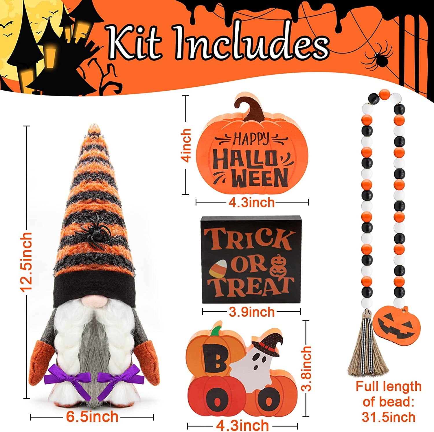 NXN-HOME Halloween Tiered Tray Decorations Including Trick or Treat Wooden Signs, Cute Gnomes Plush and Bead Garland