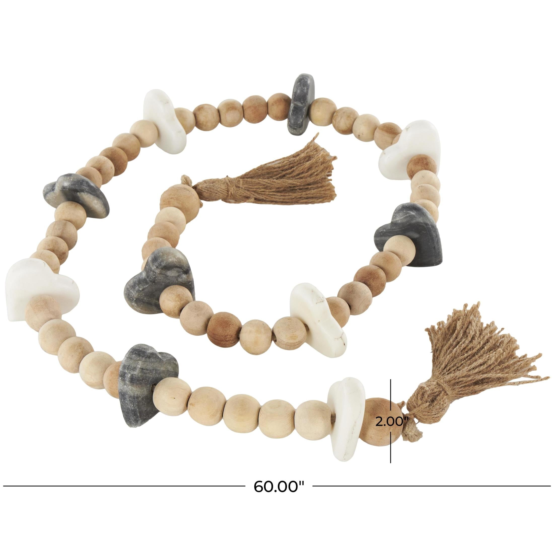 DecMode Handmade Light Brown Marble Heart Garland with Tassel with Black and White Accents