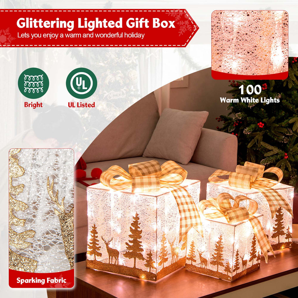 Costway Set of 3 Pre-Lit Christmas Gift Boxes Lighted Present Decoration with 100 Lights