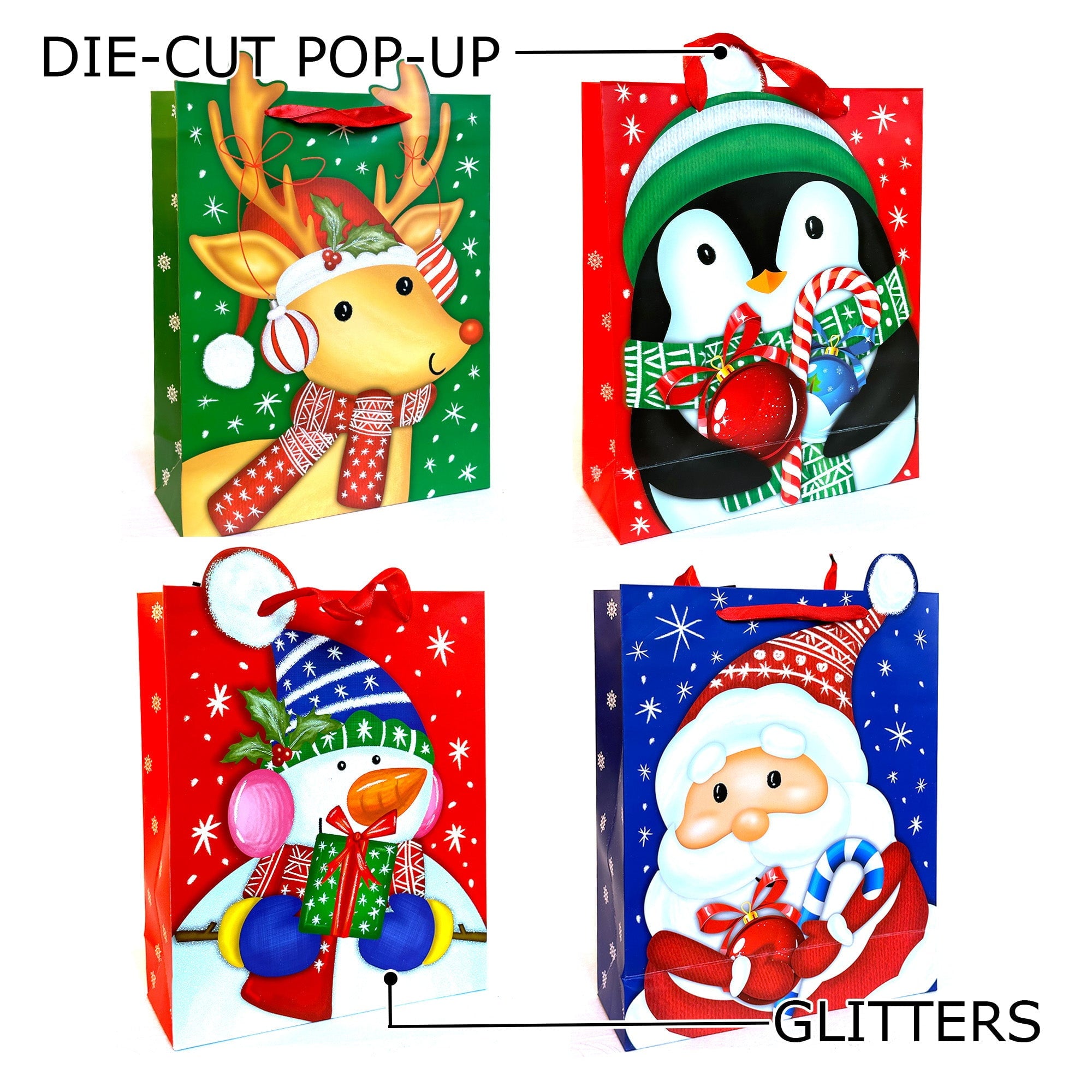 Allgala 12-PC (15.5x12 inch) Premium Vivid Cartoon Design Glitter Chritmas Gift Bag-GP91073
