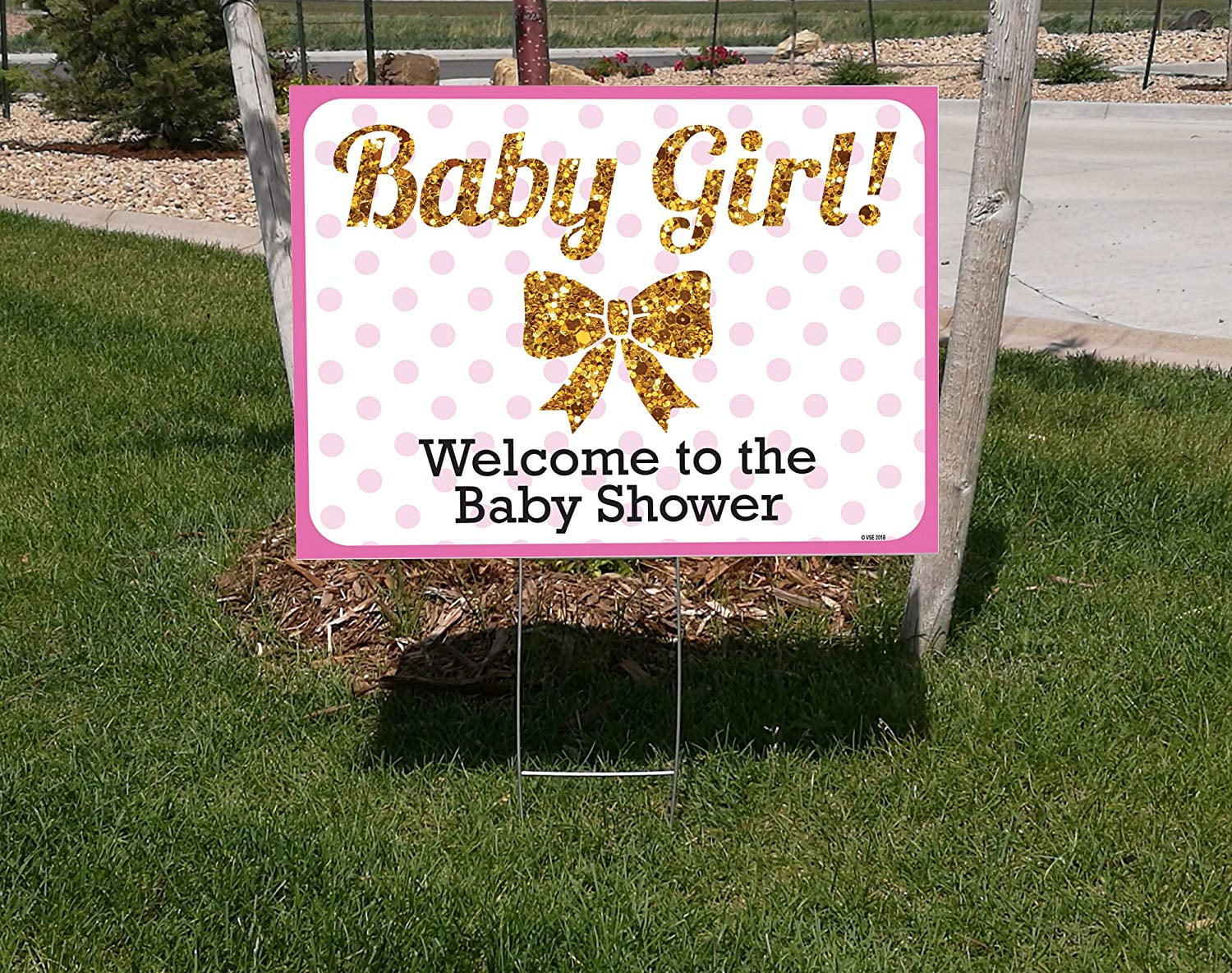 18x24 Baby Girl double sided Lawn Sign Baby Shower Kit with 6x24 H-stakes. Brightly colored Pink, Black, and Digitally Printed Gold Glitter. Baby Girl sign with a Directional Arrow sign included