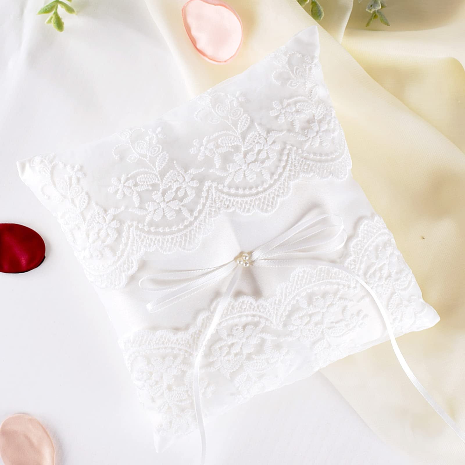 Lace Pearl Wedding Ring Pillow, Ivory Ring Bearer Cushion for Bride Groom Ceremony, Matte Satin with Back Holder Ribbon, White