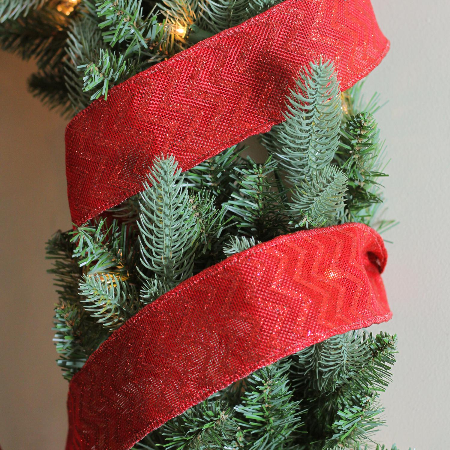 Red Chevron Burlap Wired Christmas Craft Ribbon